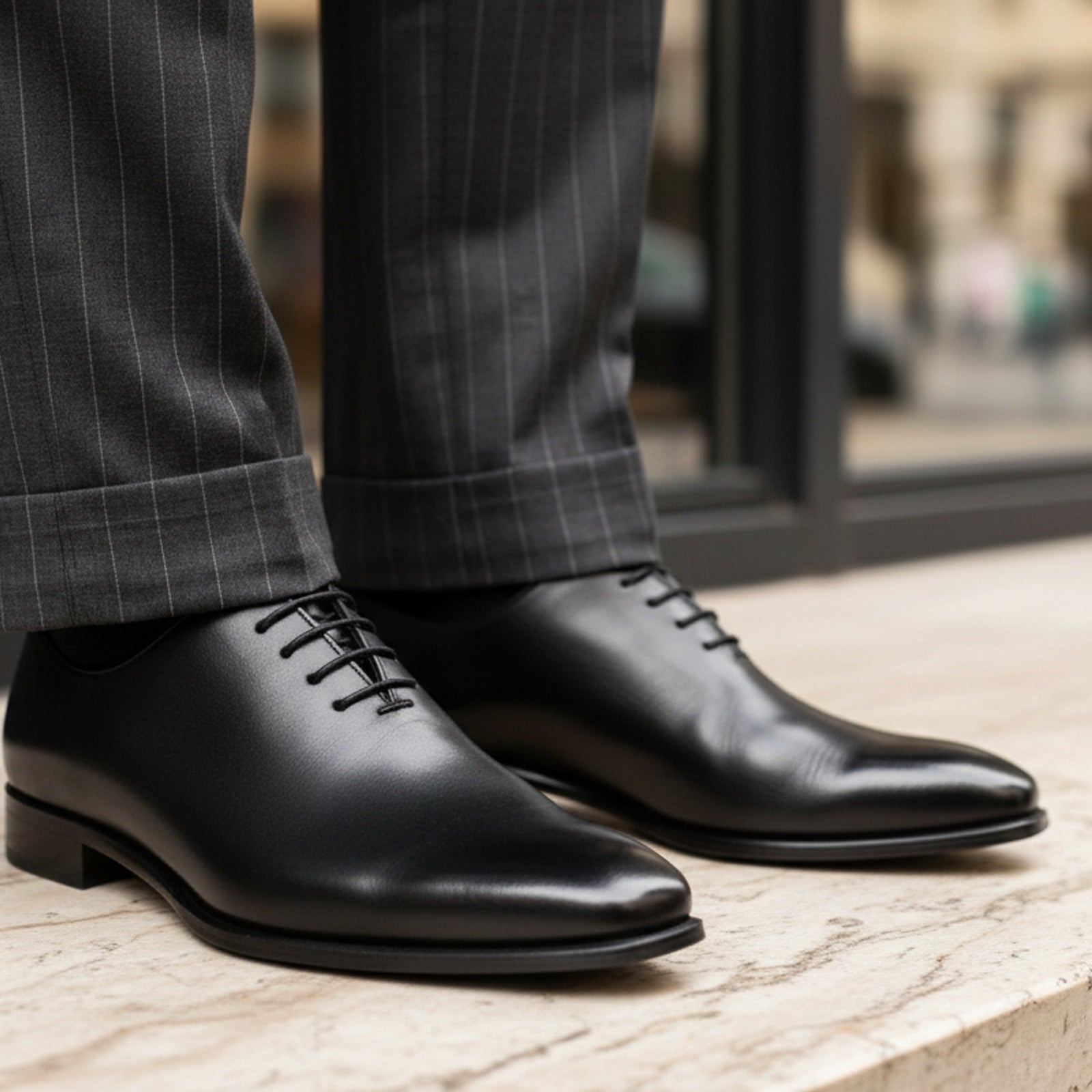 model-casual-setting - Men's Black Leather Oxford Shoes with Classic Lace-Up