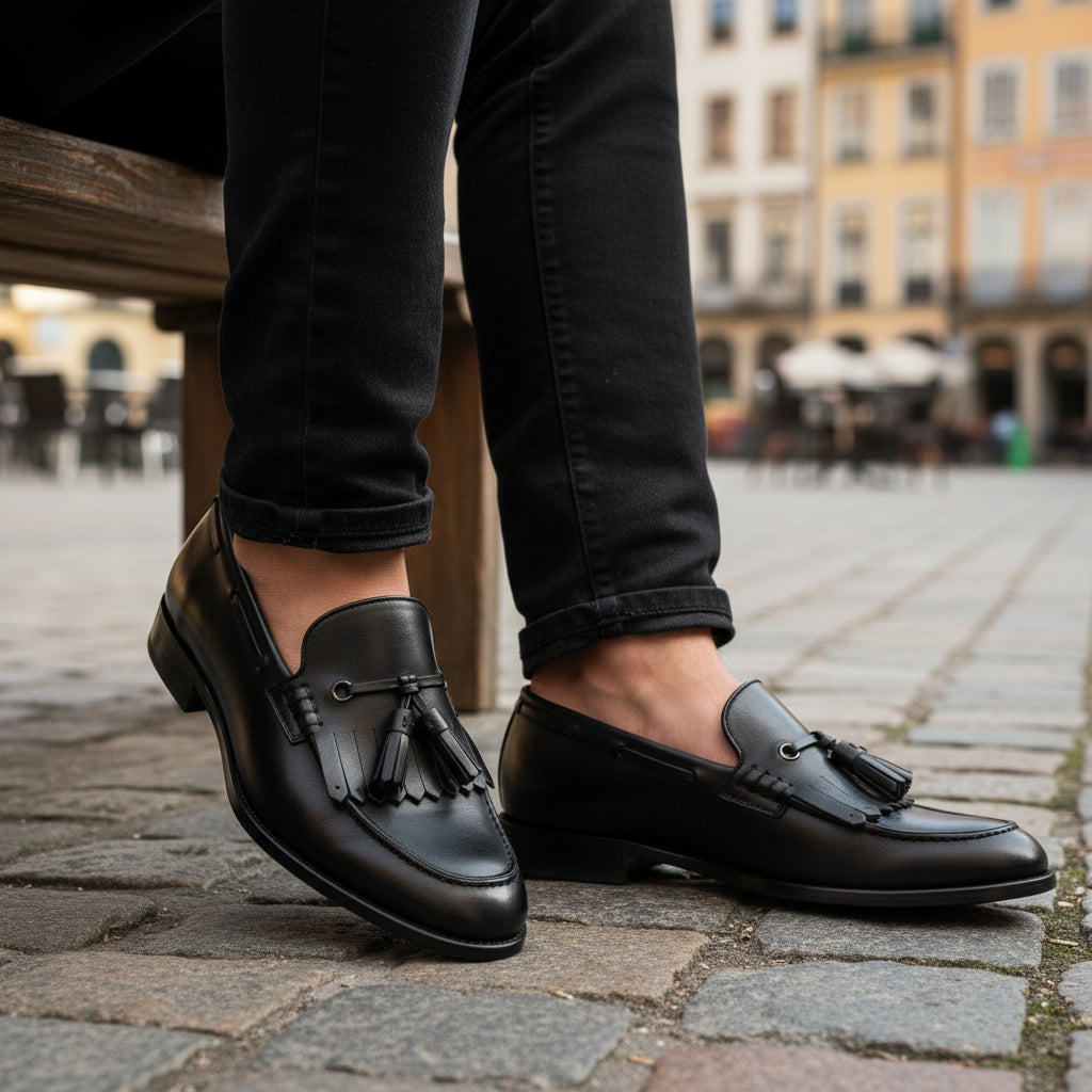 model-casual-setting - Men's Black Leather Tassel Fringe Moccasins