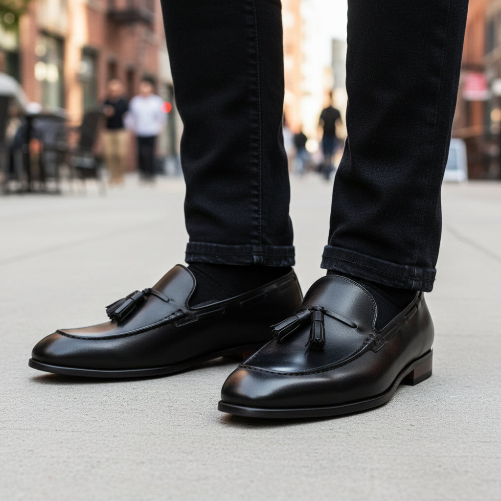 model-casual-setting - Men's Black Leather Tassel Loafers