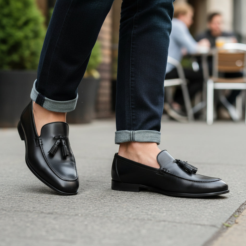 model-casual-setting - Men's Black Leather Tassel Moccasins