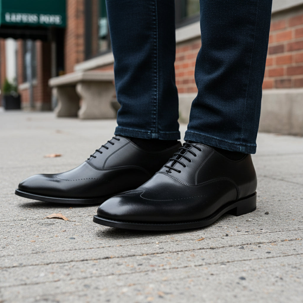 model-casual-setting - Men's Black Leather Tuxedo Dress Shoes