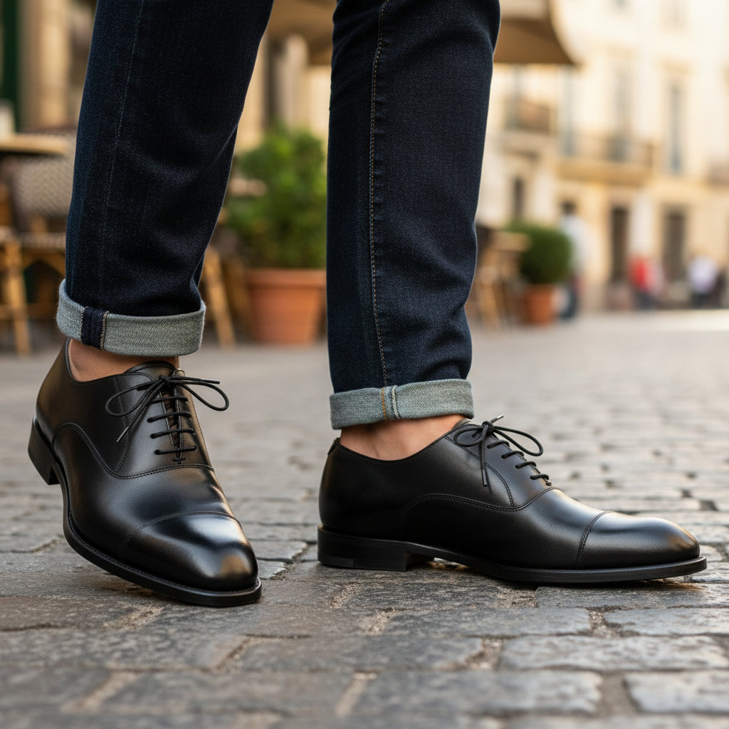 model-casual-setting - Men's Black Leather Tuxedo Oxford Dress Shoes