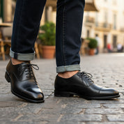 model-casual-setting - Men's Black Leather Tuxedo Oxford Dress Shoes