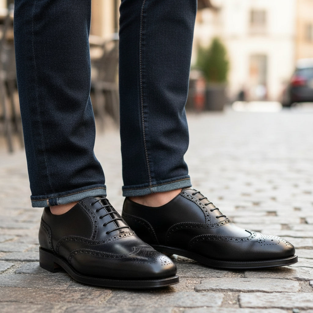 model-casual-setting - Men's Black Leather Wing Tip Brogue Dress Shoes