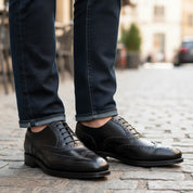 model-casual-setting - Men's Black Leather Wing Tip Brogue Dress Shoes