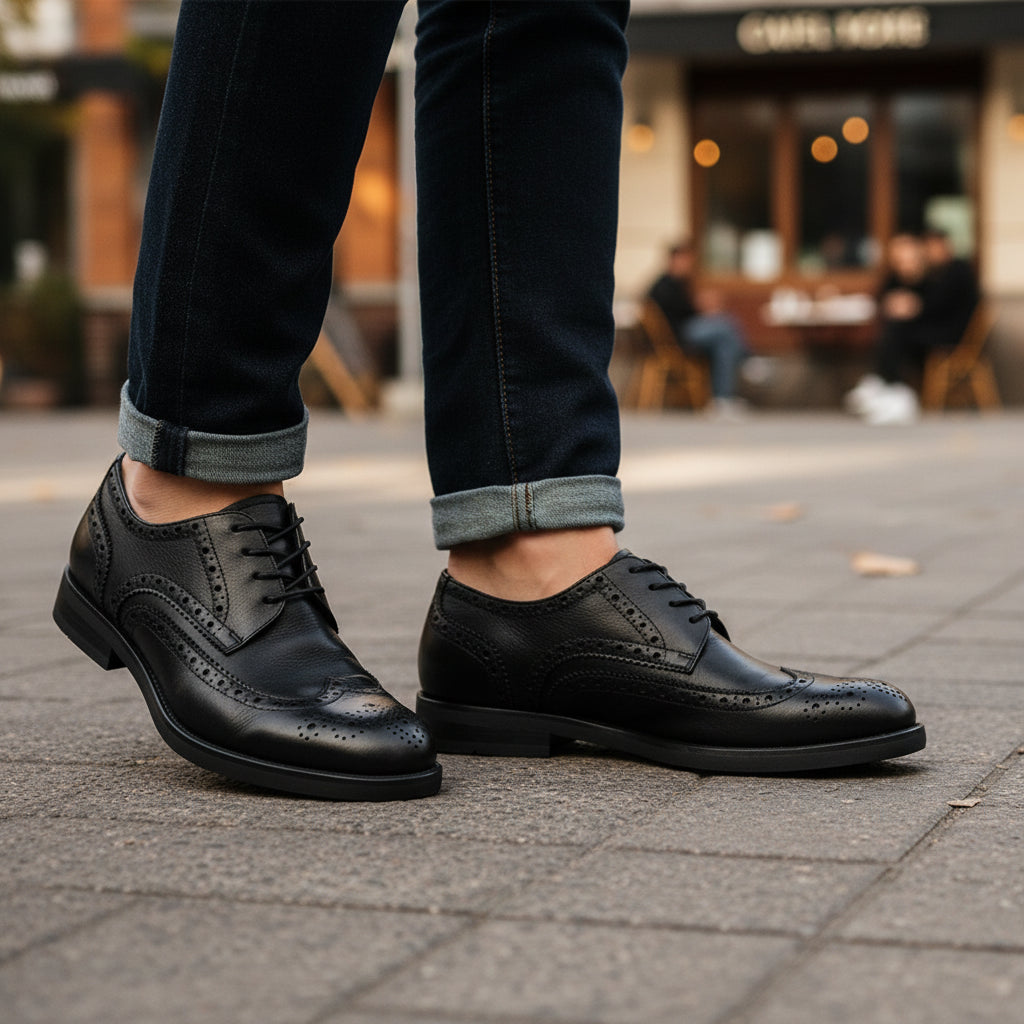 model-casual-setting - Men's Black Leather Wingtip Brogues