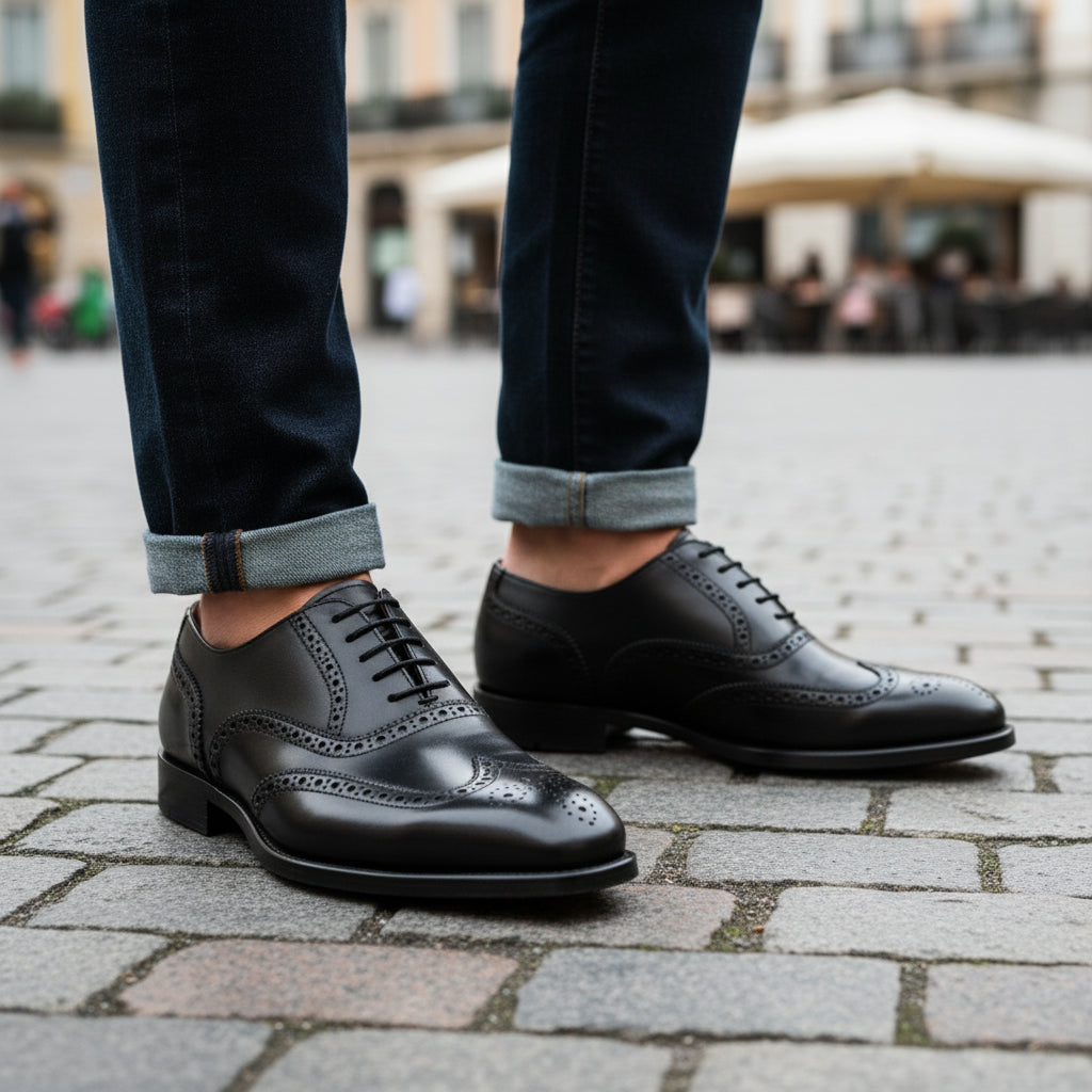 Men's Black Leather Wingtip Oxford Dress Shoes - model-casual-setting