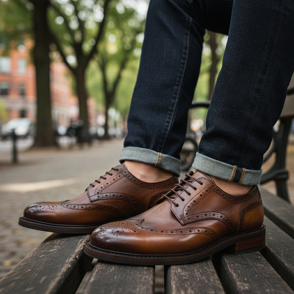 model-casual-setting - Men's Black Leather Wingtip Oxfords