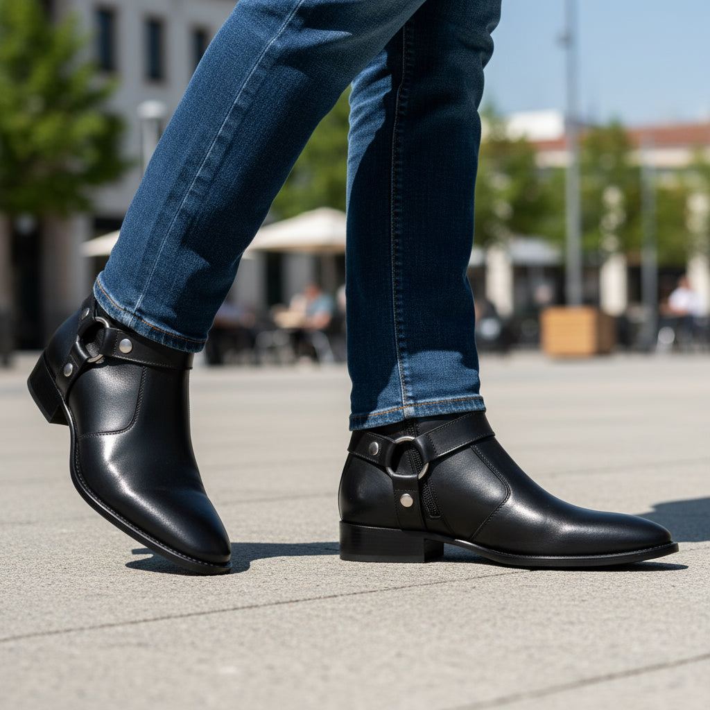 model-casual-setting - Men's Black Leather Zip Boots with Cuban Heel