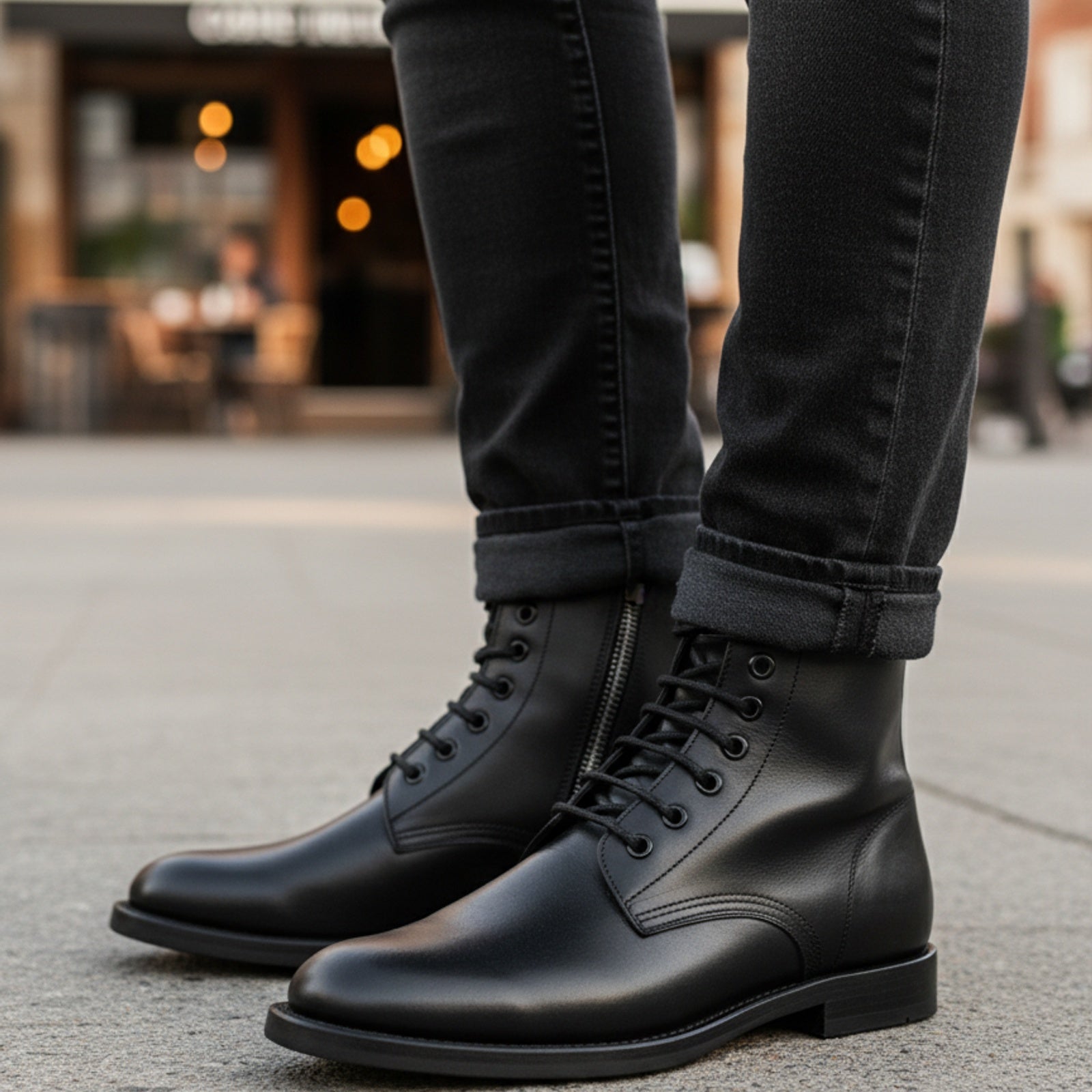 model-casual-setting - Men's Black Leather Zipper Ankle Boots with Lace-Up Detail