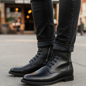 model-casual-setting - Men's Black Leather Zipper Ankle Boots with Lace-Up Detail