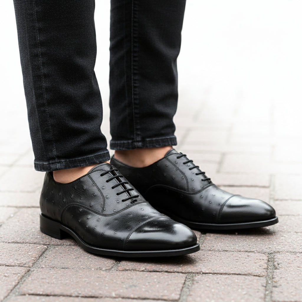 model-casual-setting - Men's Black Ostrich Leather Oxford Shoes