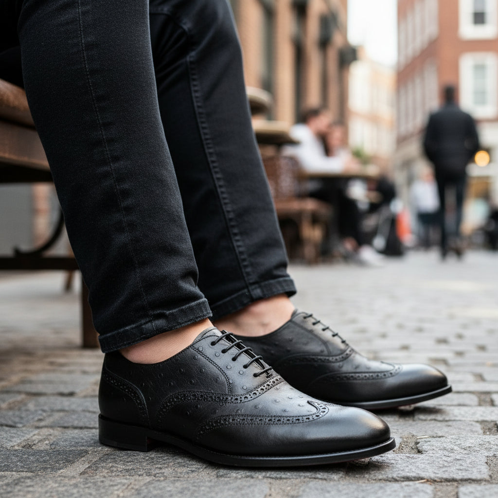 model-casual-setting - Men's Black Ostrich Leather Wingtip Shoes