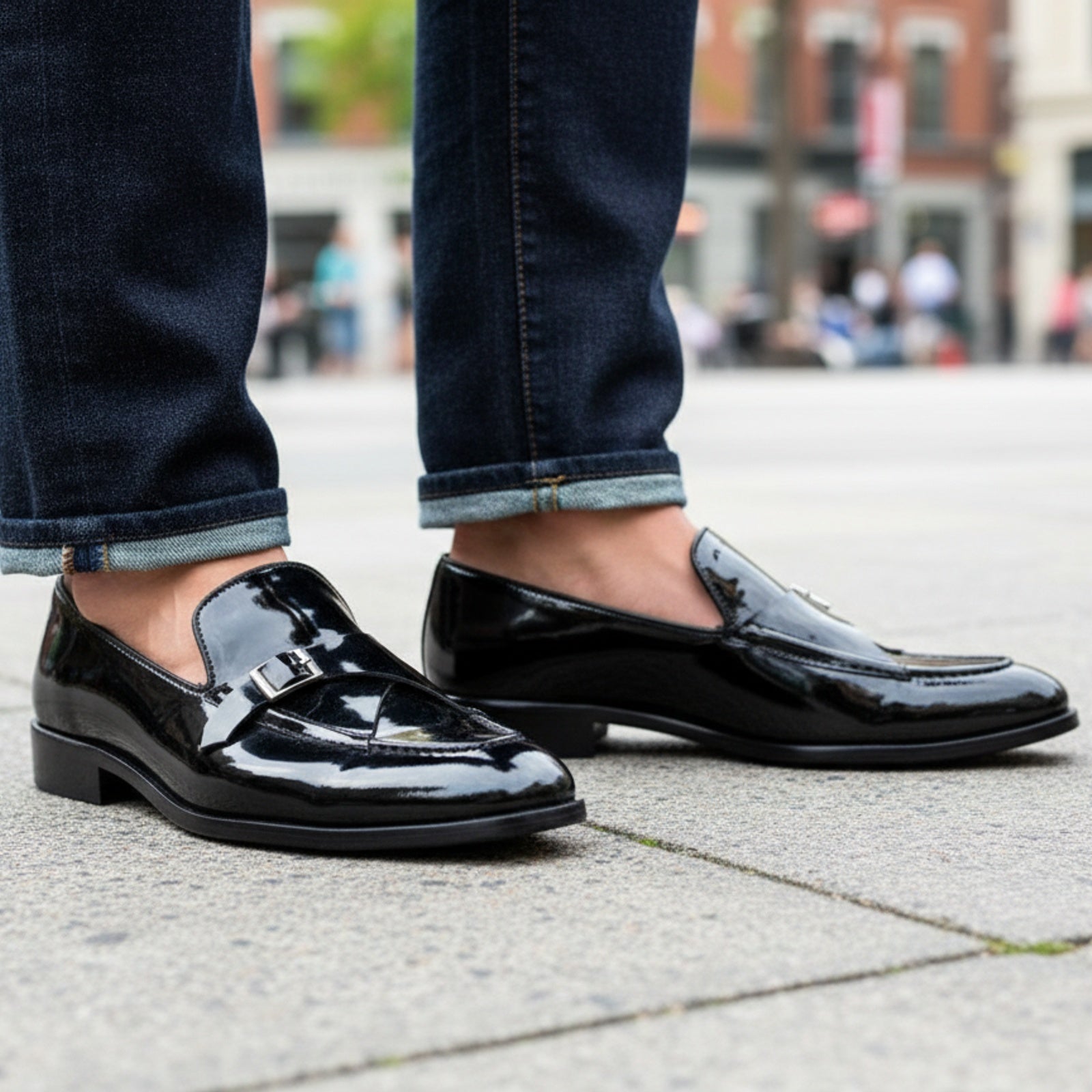 Men's Black Patent Leather Monk Shoes - model-casual-setting