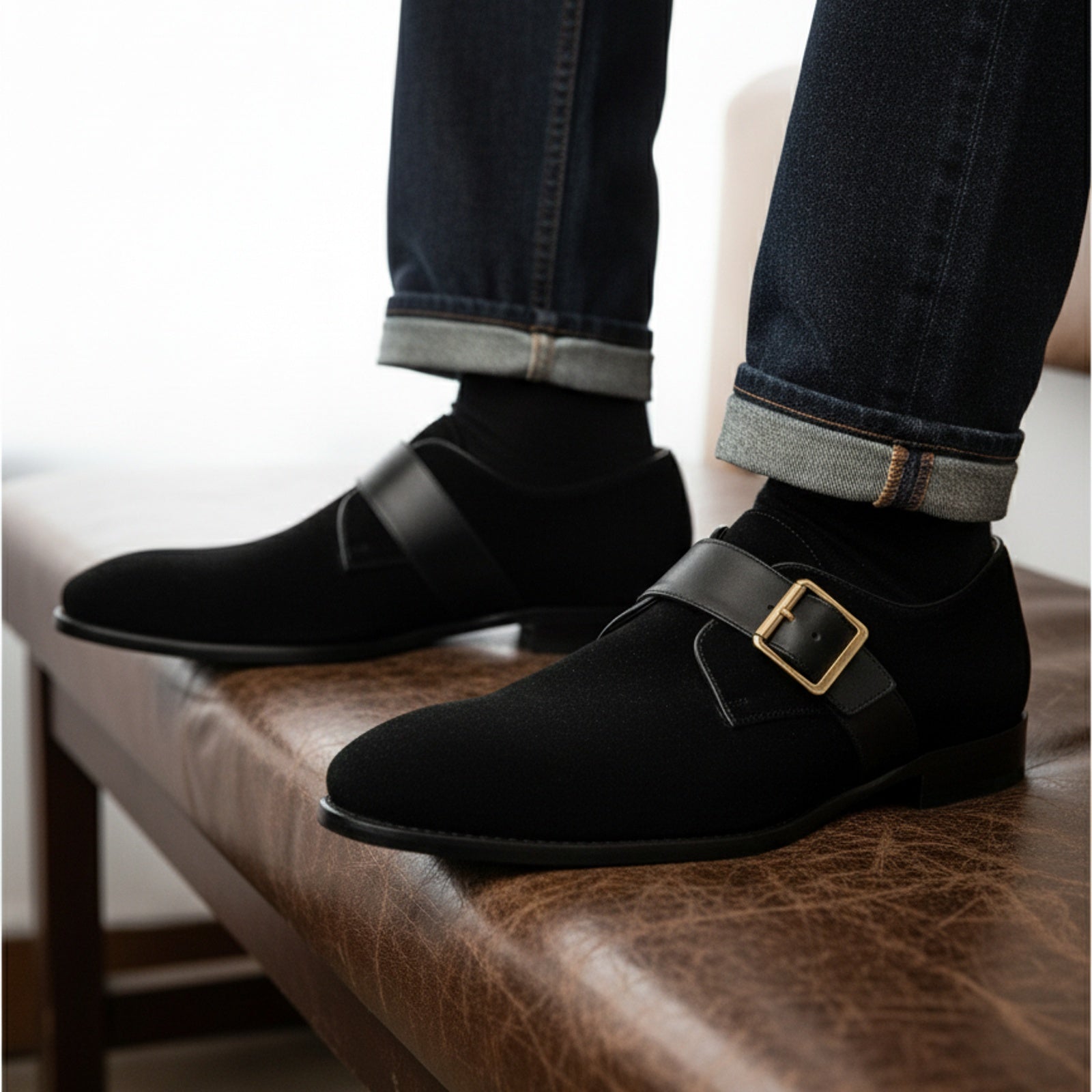 model-casual-setting - Men's Black Suede Dress Shoes with Buckle Detail