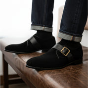 model-casual-setting - Men's Black Suede Dress Shoes with Buckle Detail