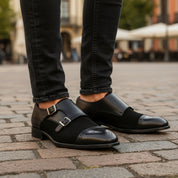 model-casual-setting - Men's Black Suede & Leather Buckle Dress Shoes