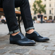 Men's Black Suede & Leather Wingtip Shoes - model-casual-setting