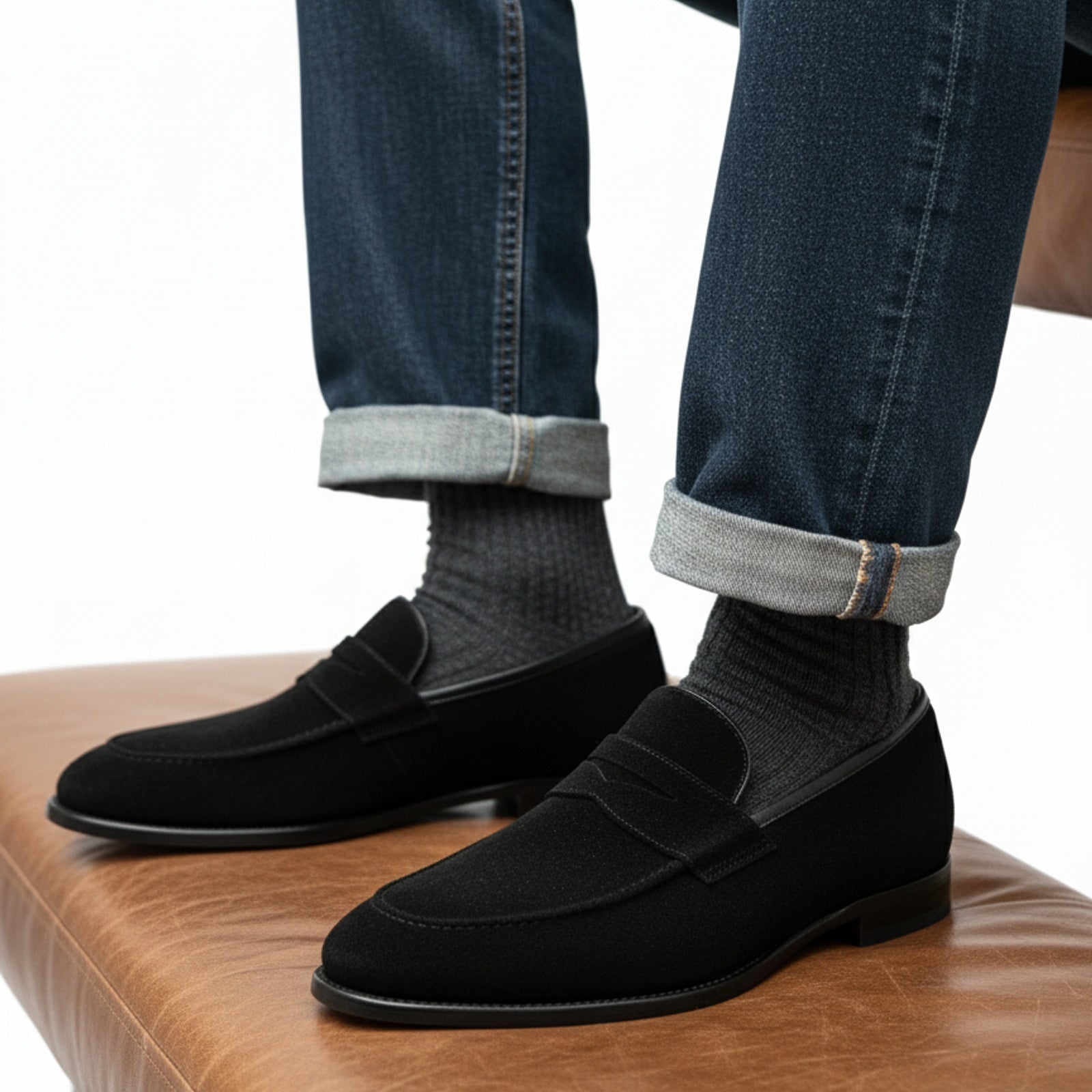 model-casual-setting - Men's Black Suede Penny Loafer Shoes