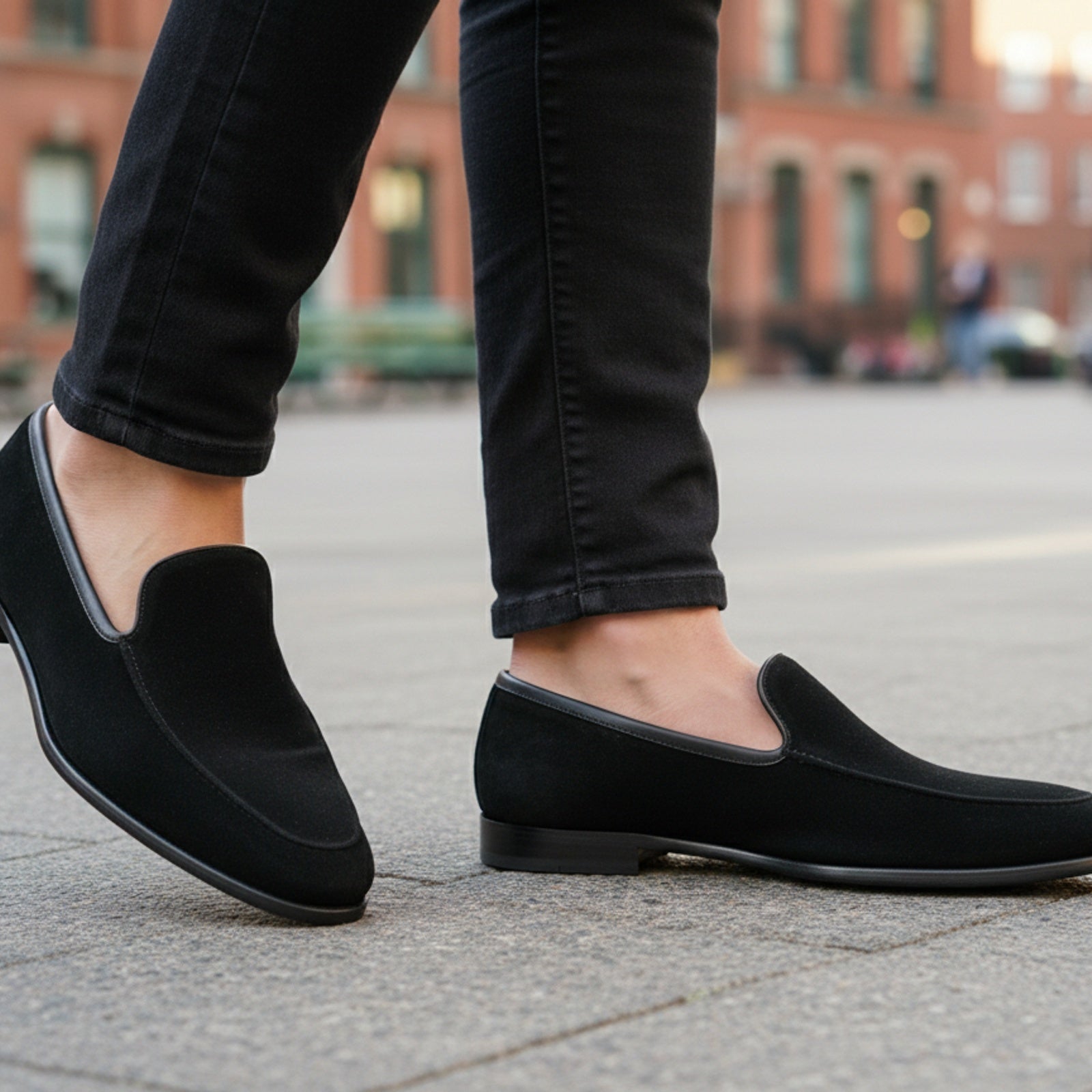 Men's Black Suede Penny Loafers - model-casual-setting