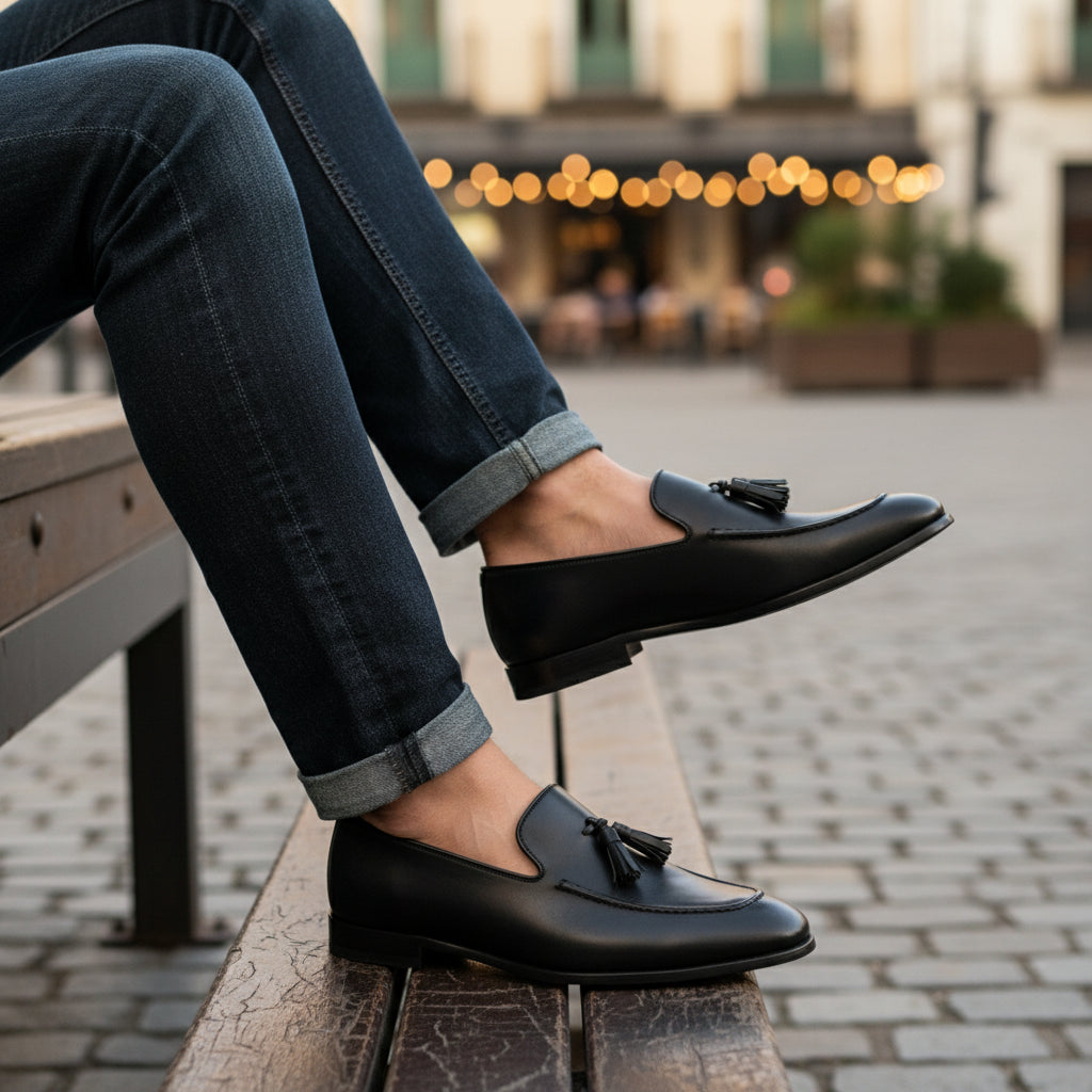 model-casual-setting - Men's Black Tassel Leather Moccasins
