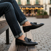 model-casual-setting - Men's Black Tassel Leather Moccasins