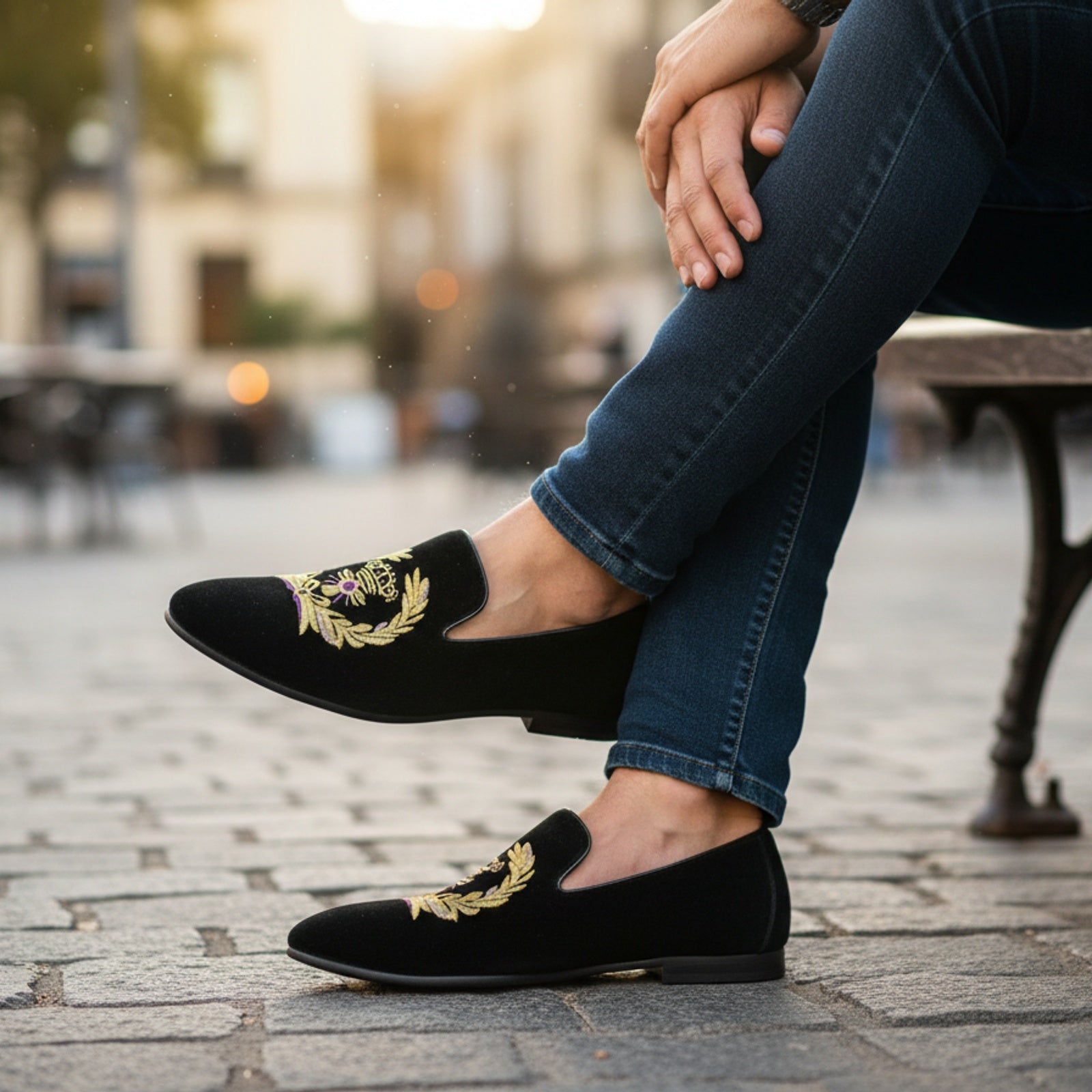 model-casual-setting - Men's Black Velvet Embroidered Loafers