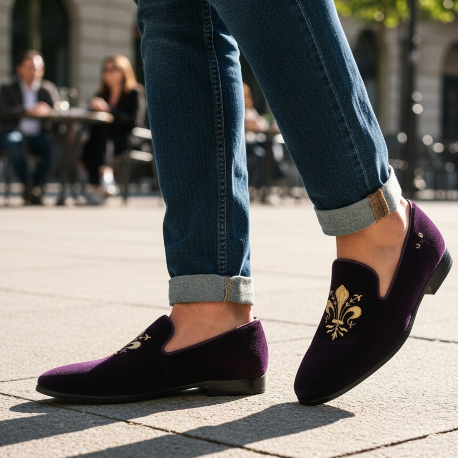 model-casual-setting - Men's Black Velvet Loafers with Leather Details