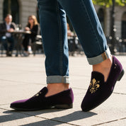 model-casual-setting - Men's Black Velvet Loafers with Leather Details