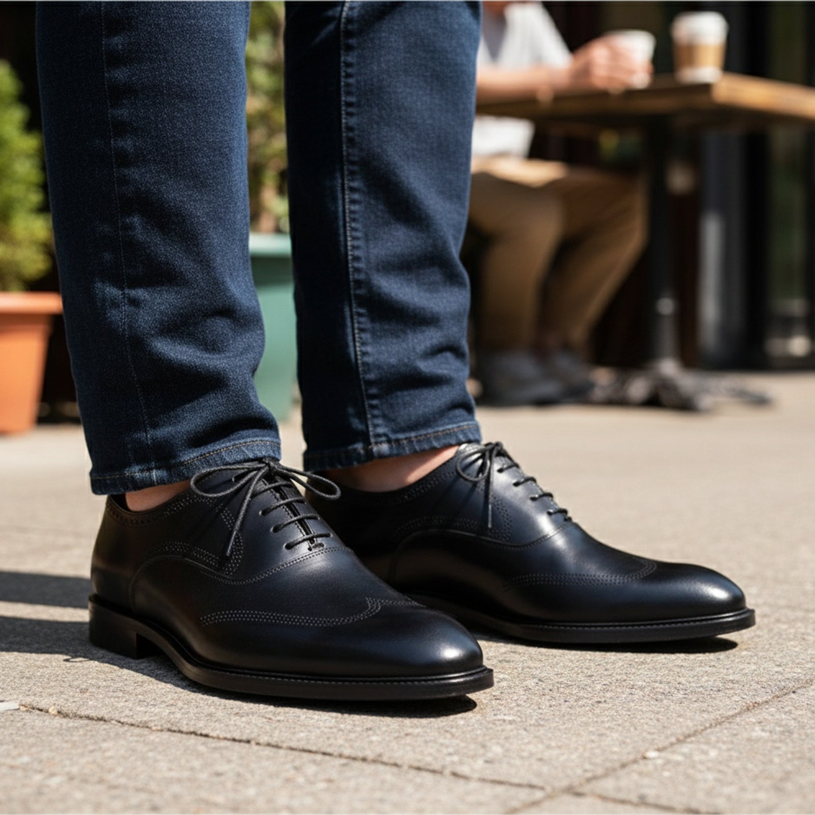 Men's Black Leather Wingtip Oxford Dress Shoes - model-casual-setting