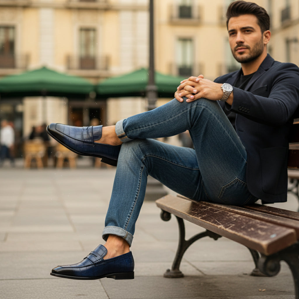 model-casual-setting - Men's Blue Alligator Print Leather Dress Loafers