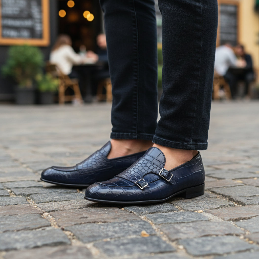 Men's Blue Crocodile Monk Strap Leather Shoes - model-casual-setting