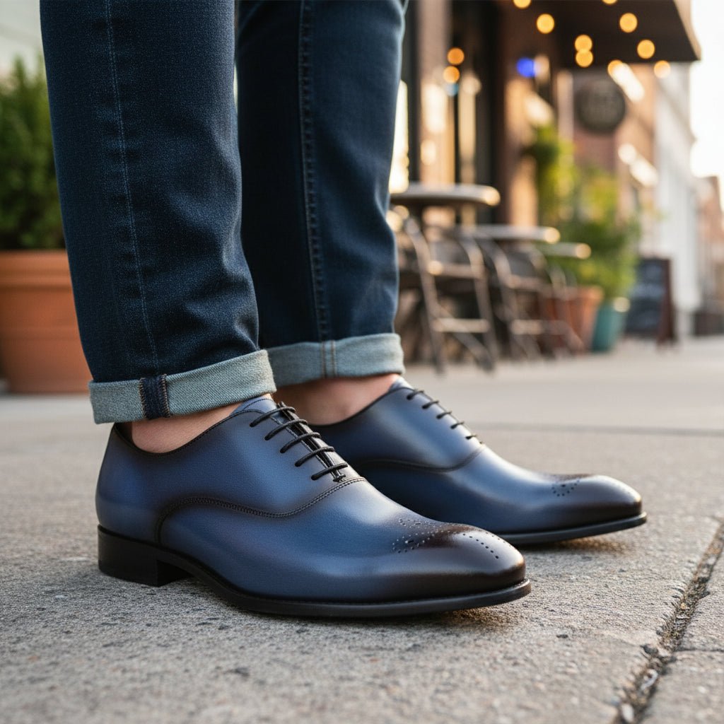 model-casual-setting - Men's Blue Leather Brogue Dress Shoes