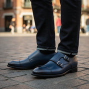 model-casual-setting - Men's Blue Leather Double Buckle Dress Shoes