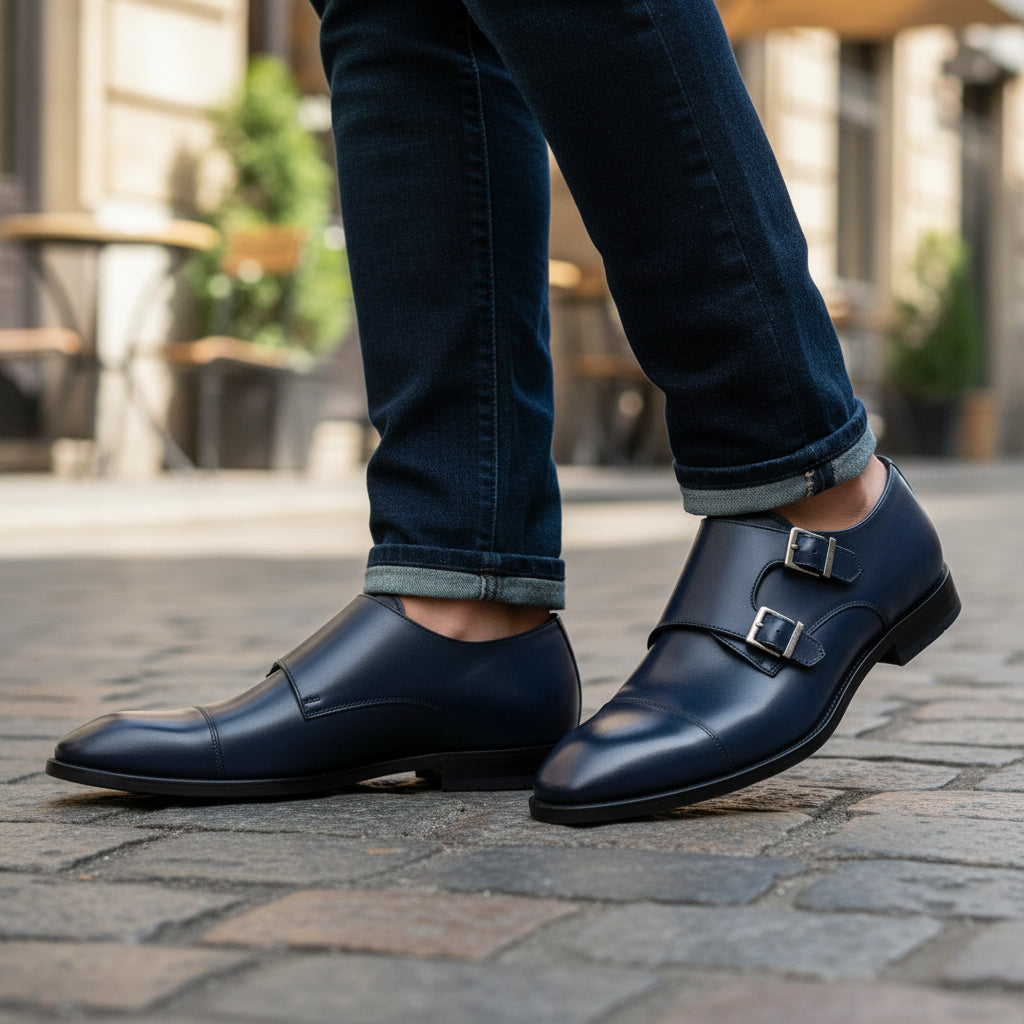 model-casual-setting - Men's Blue Leather Double Monk Strap Dress Shoes
