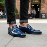 model-casual-setting - Men's Blue Leather Moccasins with Crocodile Embossing