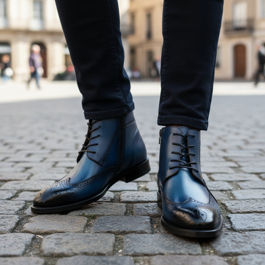 model-casual-setting - Men's Blue Leather Wing Tip Brogue Boots