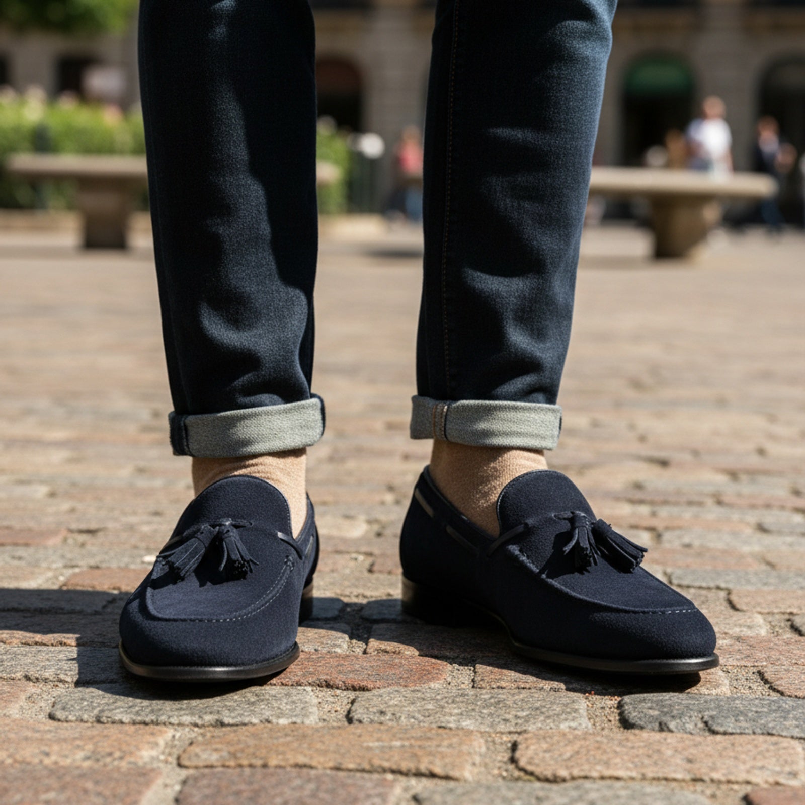 model-casual-setting - Men's Blue Suede Moccasin Loafers with Tassels