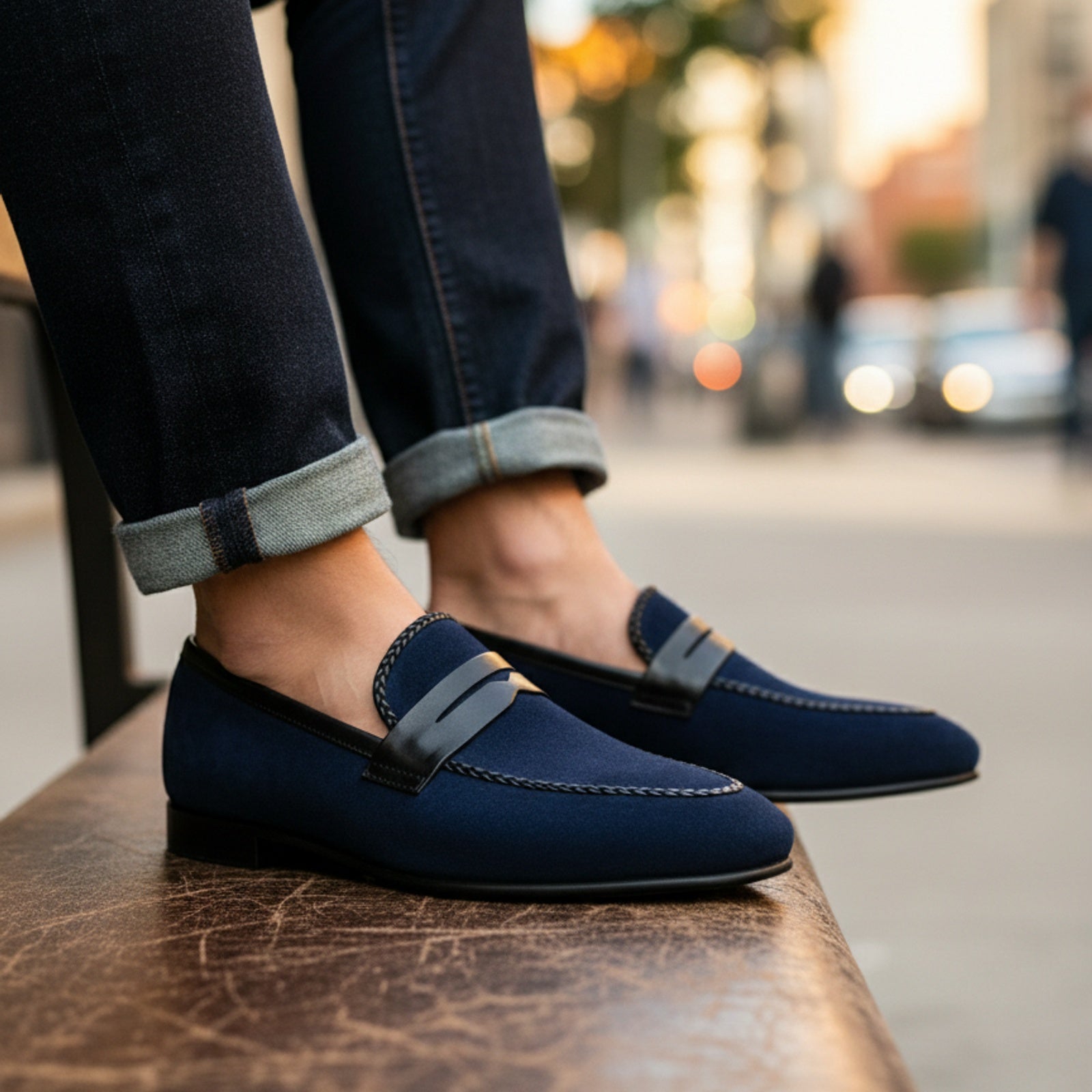 model-casual-setting - Men's Blue Suede Moccasins with Leather Sole