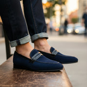 model-casual-setting - Men's Blue Suede Moccasins with Leather Sole