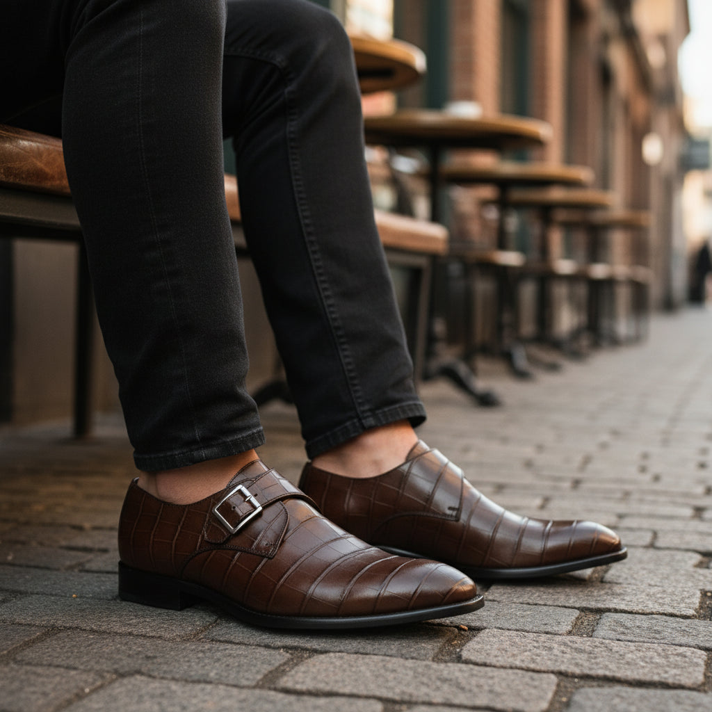 model-casual-setting - Men's Brown Alligator Leather Monk Shoes
