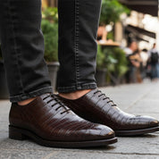 Men's Brown Alligator Print Leather Dress Shoes - model-casual-setting