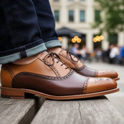 Men's Brown and Tan Leather Brogue Dress Shoes, Oxford Style - model-casual-setting