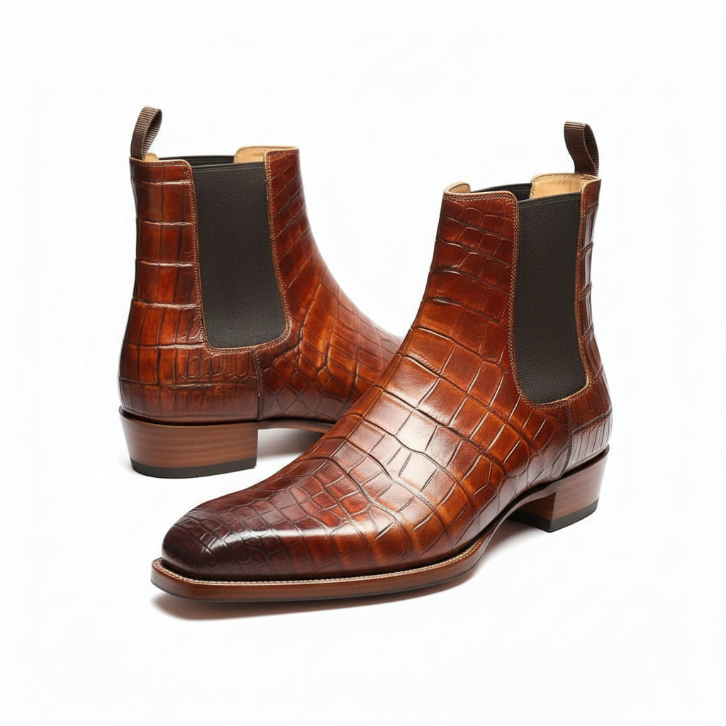 model-casual-setting - Men's Brown Chelsea Boots in Calf Leather with Crocodile Pattern
