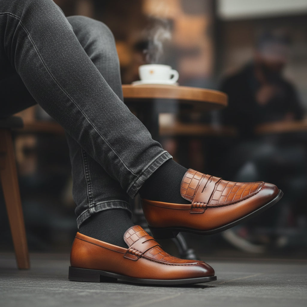 model-casual-setting - Men's Brown Crocodile Leather Moccasins - Formal Loafers