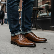 Men's Brown Crocodile-Textured Leather Dress Shoes - model-casual-setting