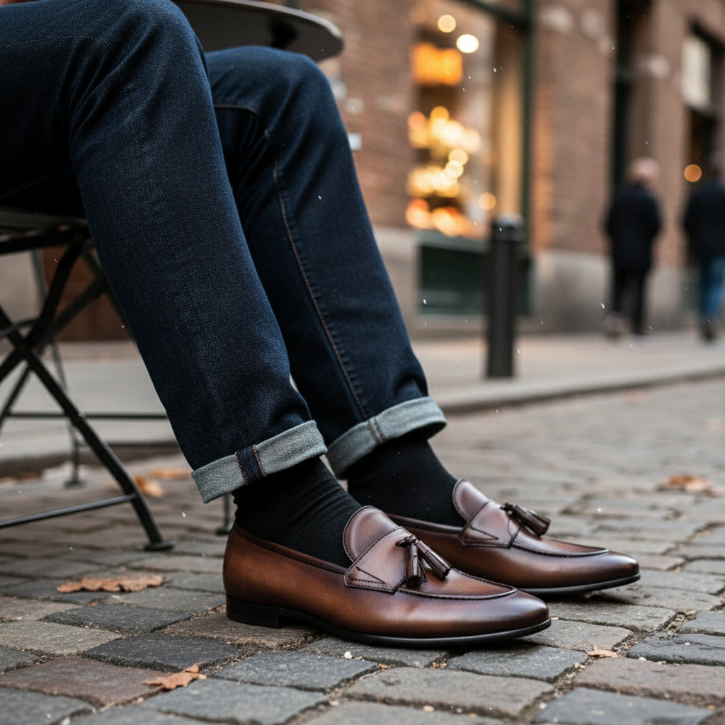 model-casual-setting - Men's Brown Italian Leather Tassel Loafers