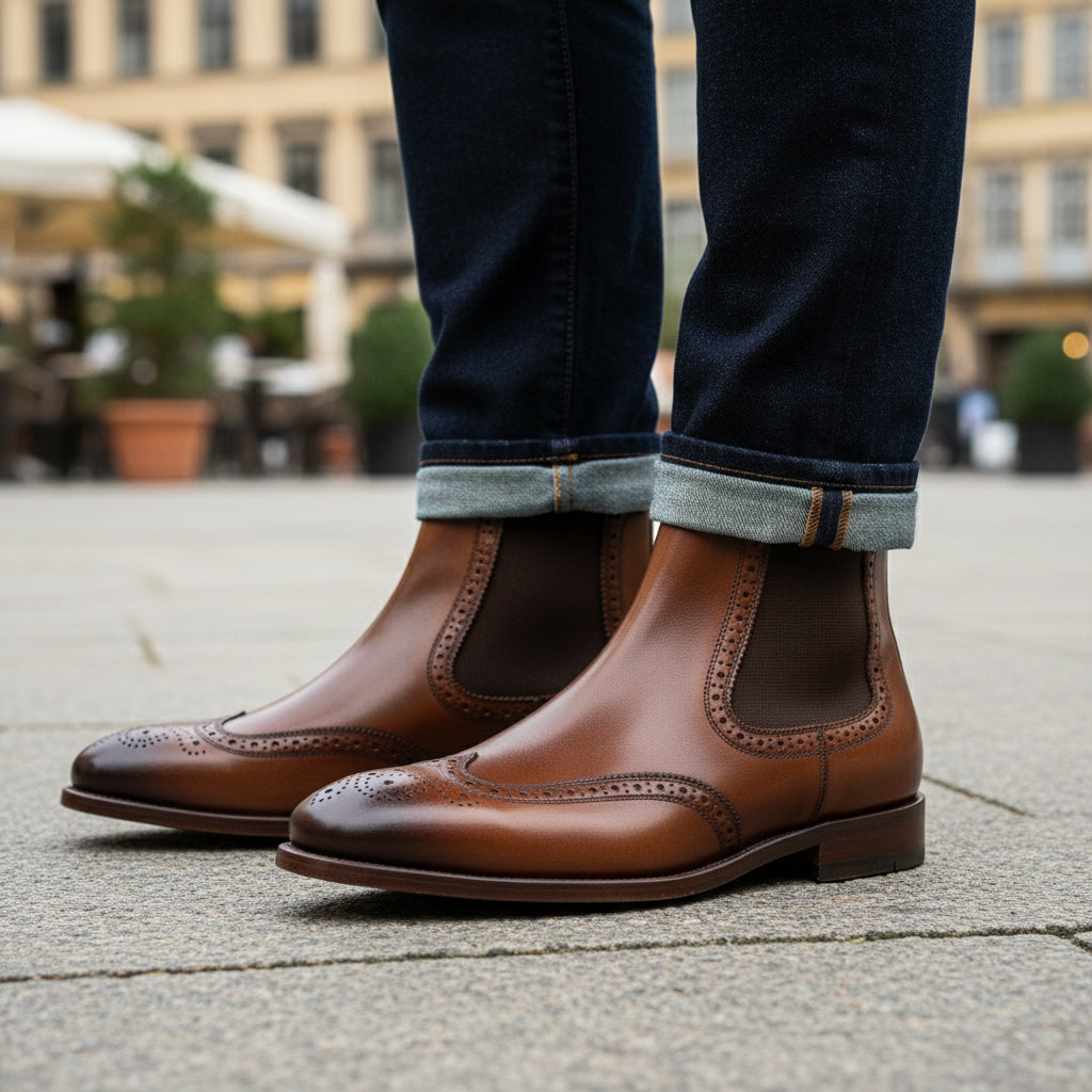 model-casual-setting - Men's Brown Leather Brogue Chelsea Boots