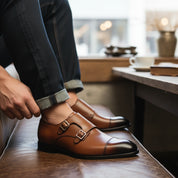 model-casual-setting - Men's Brown Leather Double Buckle Oxford Shoes