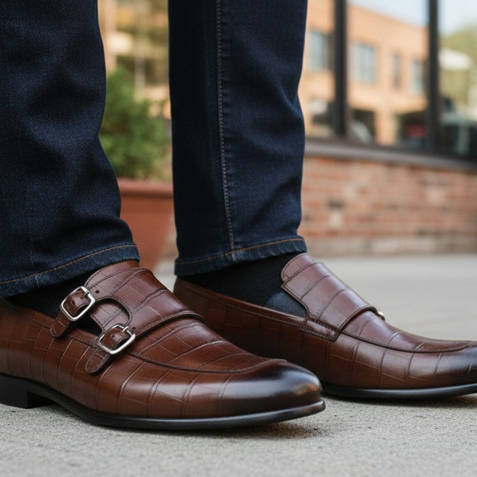 model-casual-setting - Men's Brown Leather Double Buckle Penny Loafers